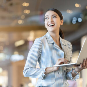 attractive smart beautiful asian female well dress communication smartphone with cheerful confident blur public space background